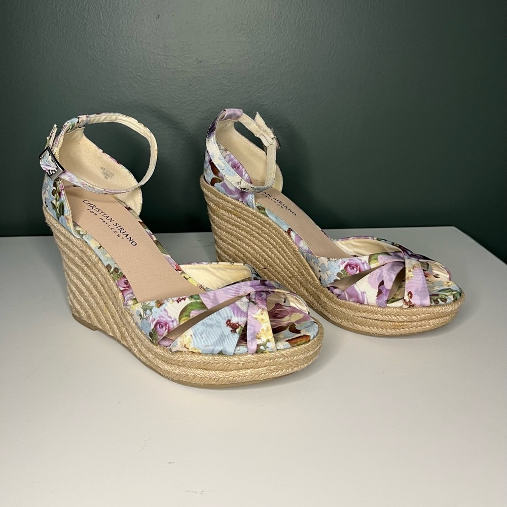 Christian Siriano Womens Espadrille Sandals Purple Floral Wedge Ankle Strap 8.5